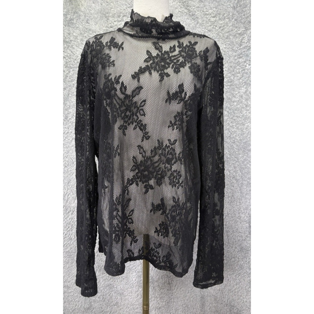 NEW Express Womens XL Black Floral Lace Sheer Turtleneck Top Long Sleeve Y2K